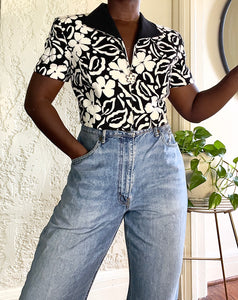 b&w floral structured top