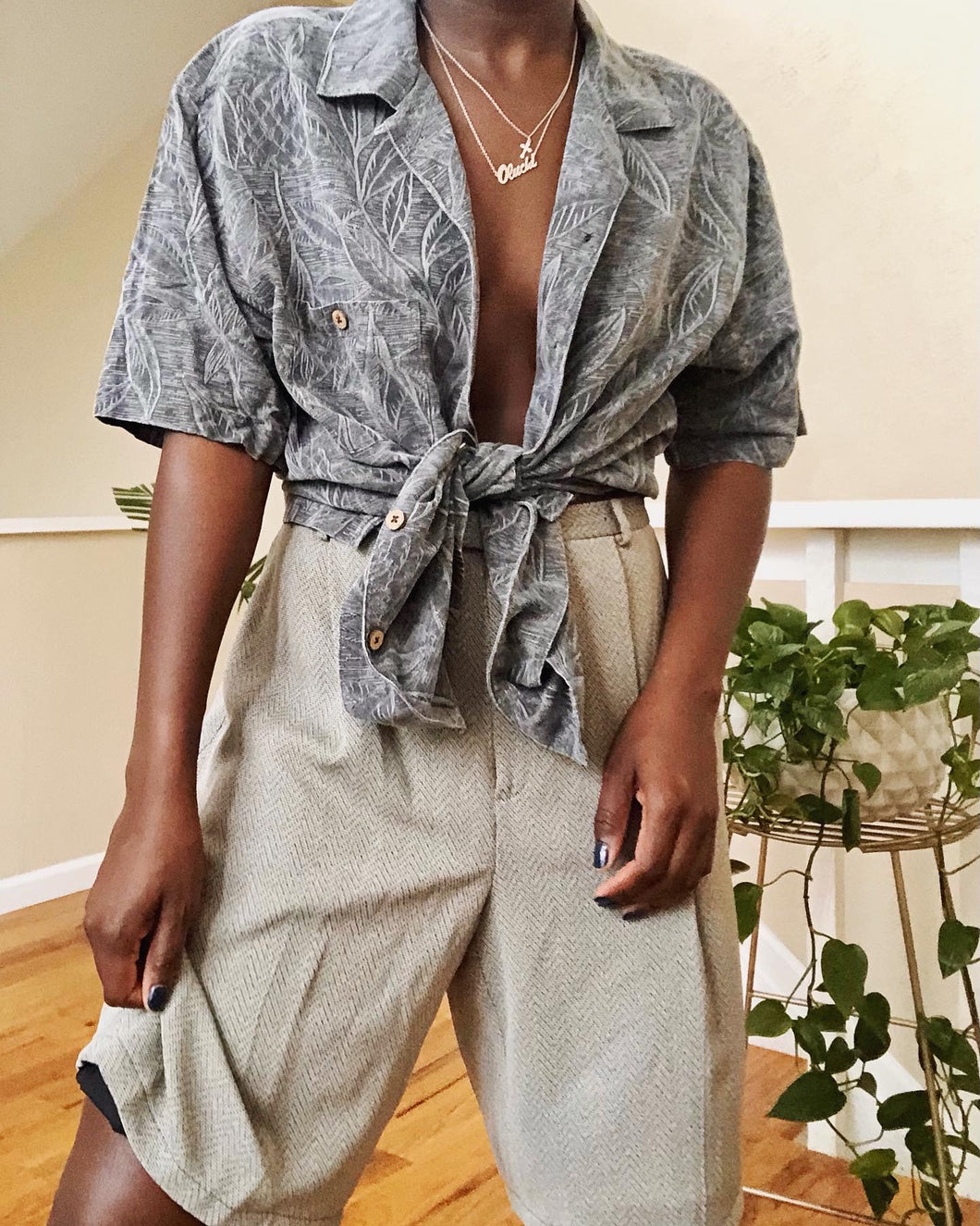 muted gray tropical button up
