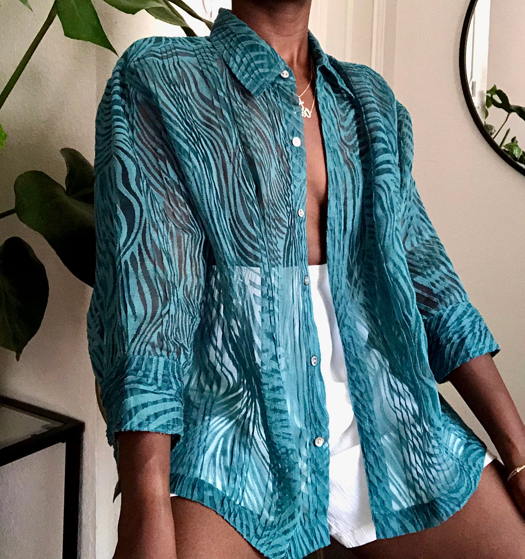 sheer teal button up