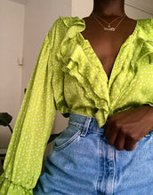 Load image into Gallery viewer, lime polka dot ruffle blouse
