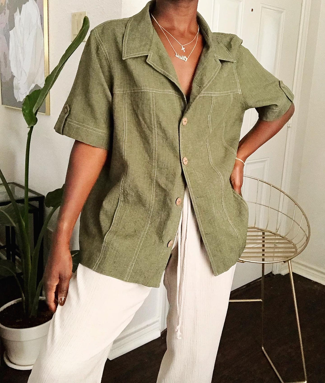 olive contrast stitch button up