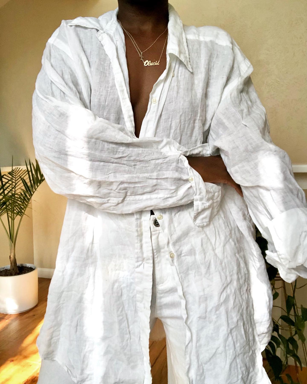 oversized white linen button up