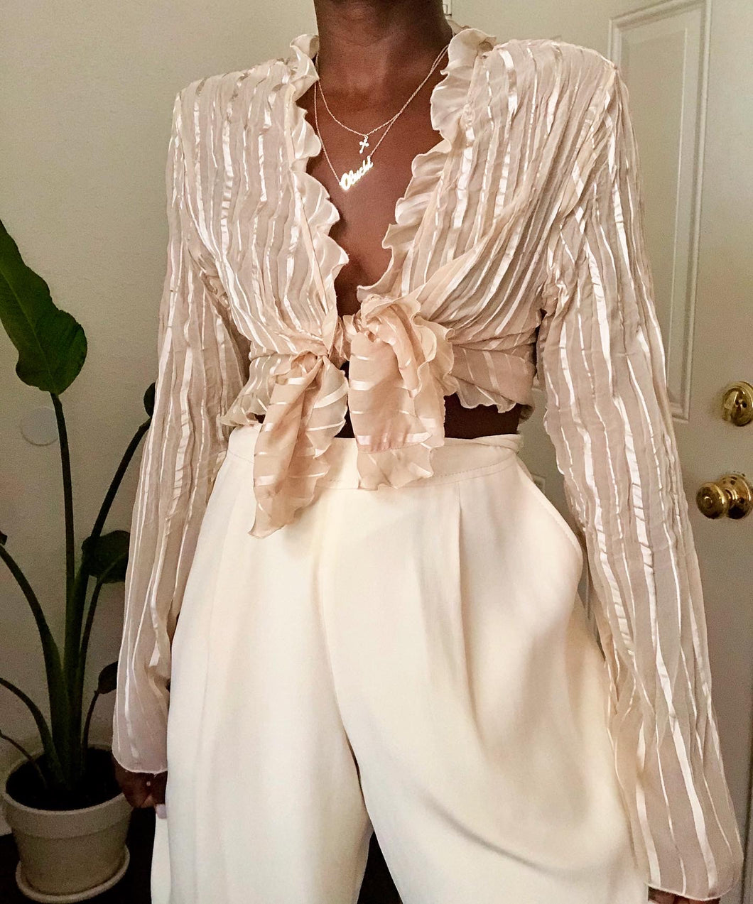 gold sheer pleated blouse
