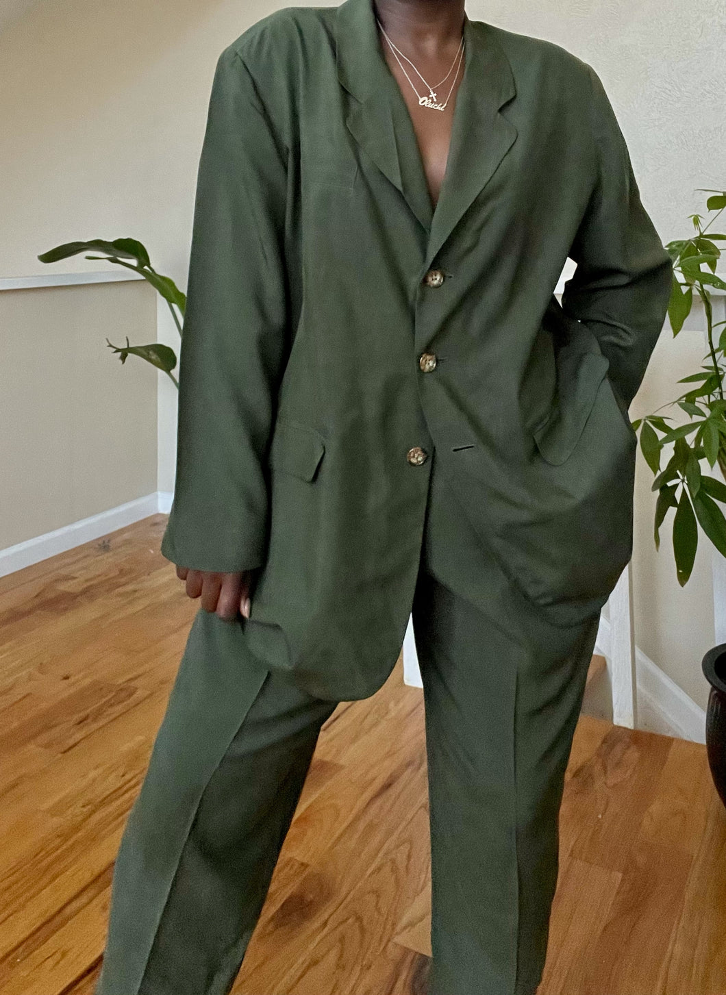 oversized olive silk pant suit