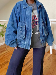 medium wash denim bomber jacket