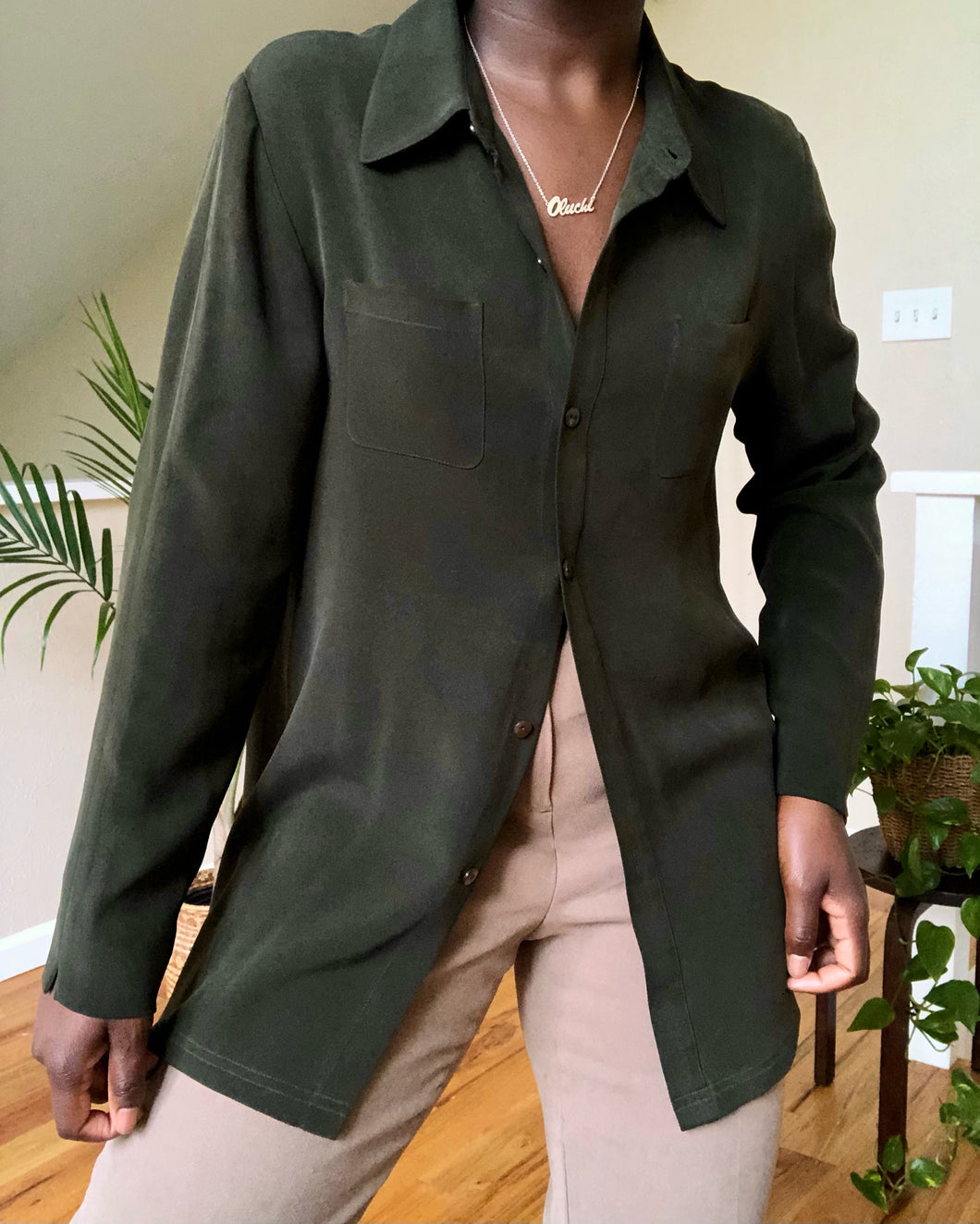 olive silk button up