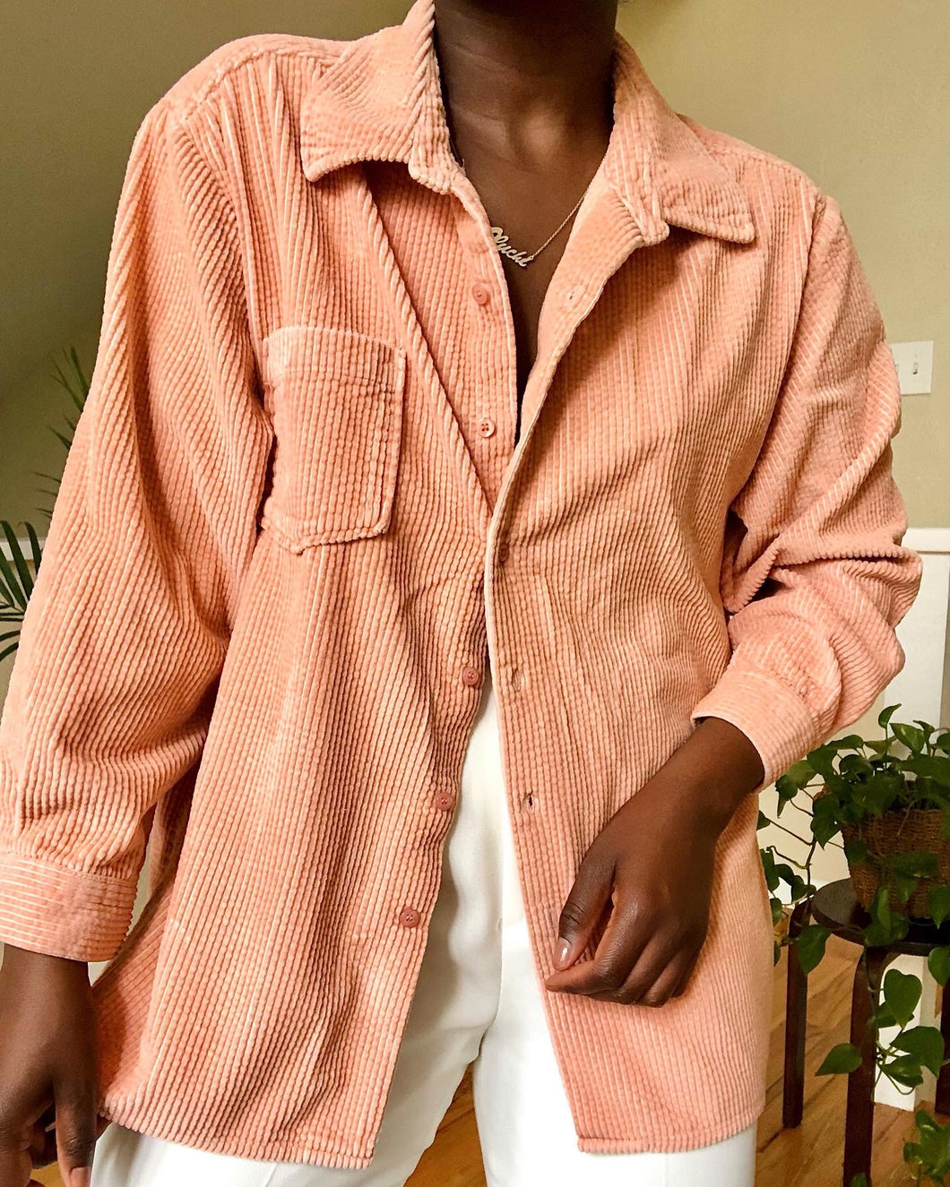 peach wide wale corduroy button up