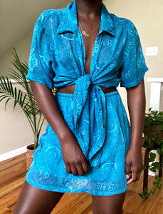 blue paisley silk skirt set
