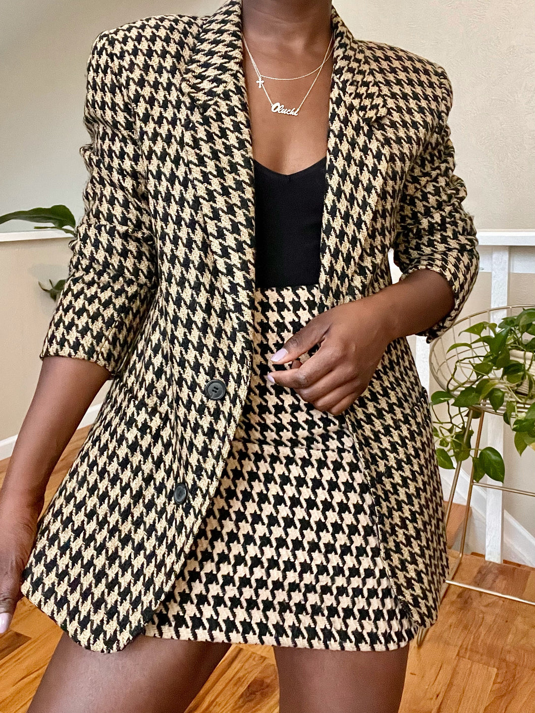 toffee houndstooth skirt suit