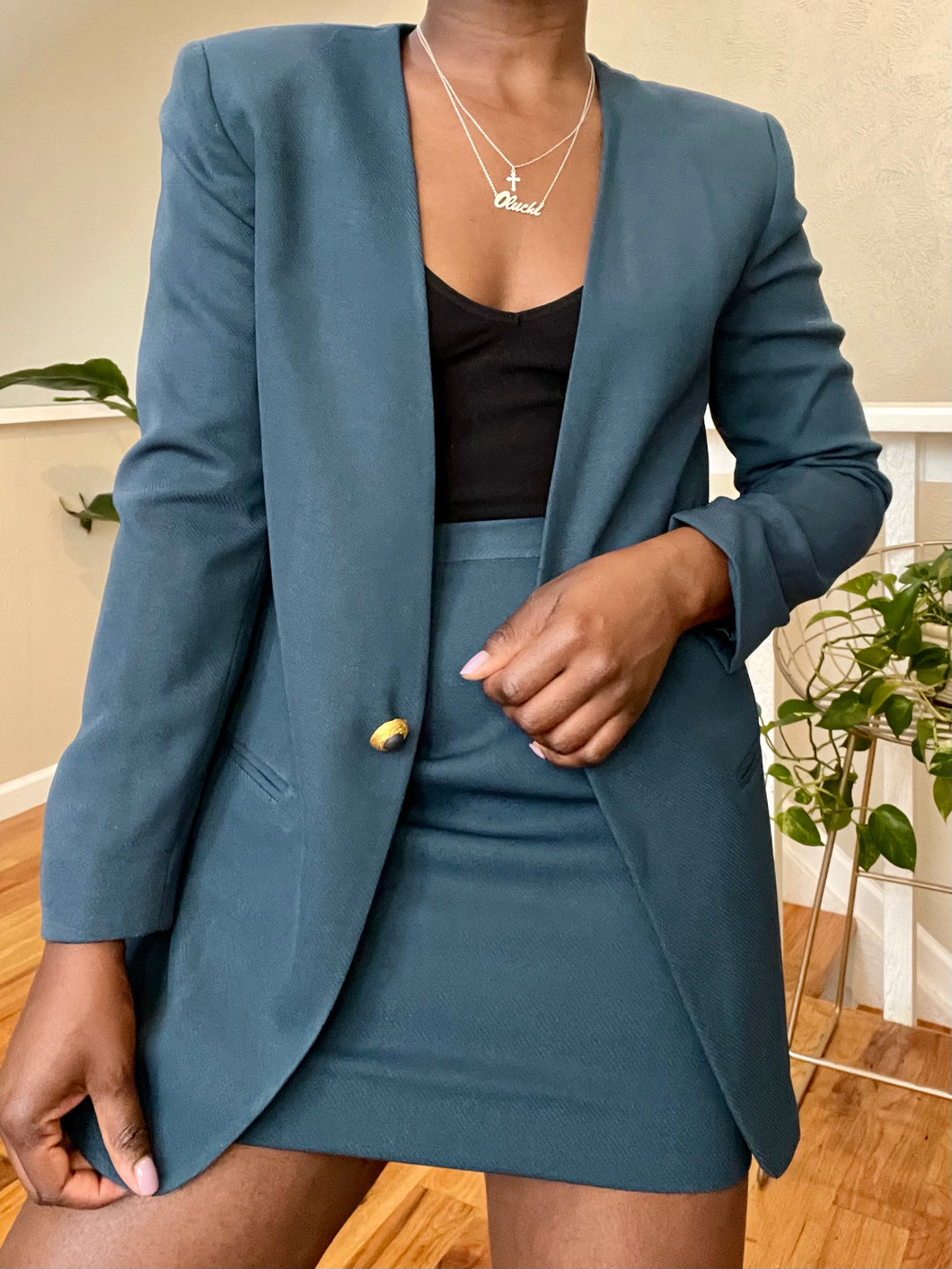 teal skirt suit