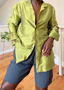 shiny lime silk button up