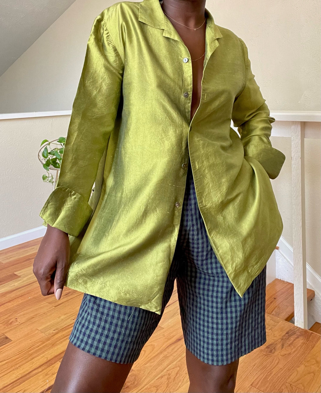 shiny lime silk button up