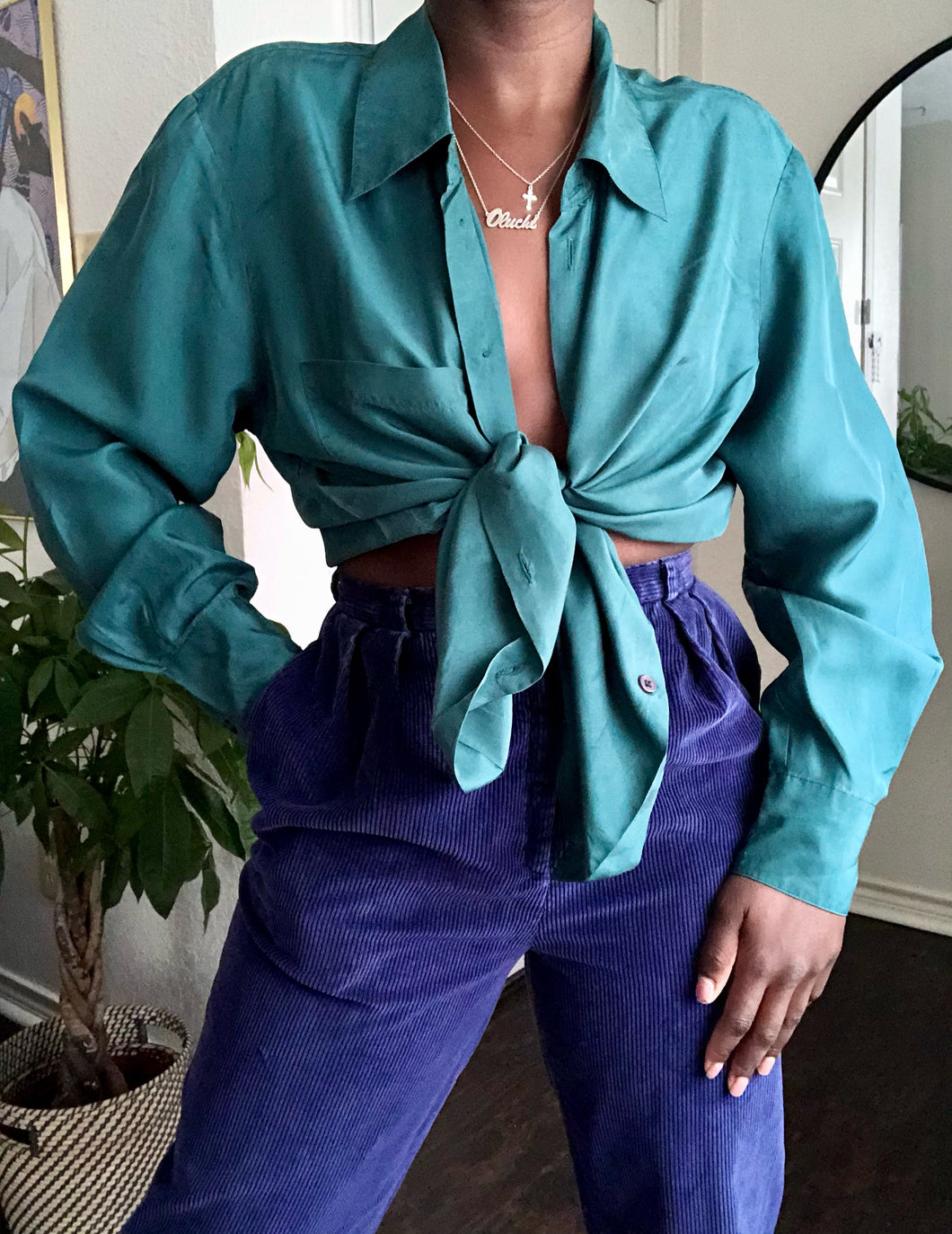 teal silk blouse