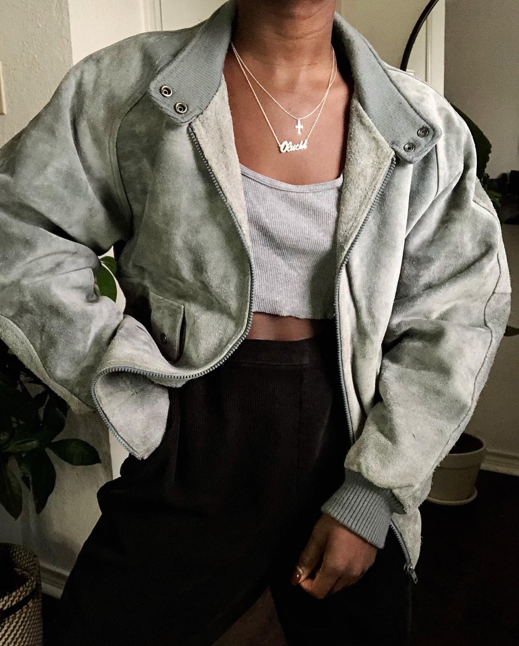 gray suede bomber