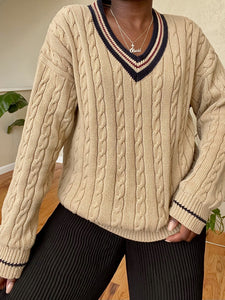 tan cable knit v-neck sweater