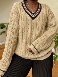 tan cable knit v-neck sweater