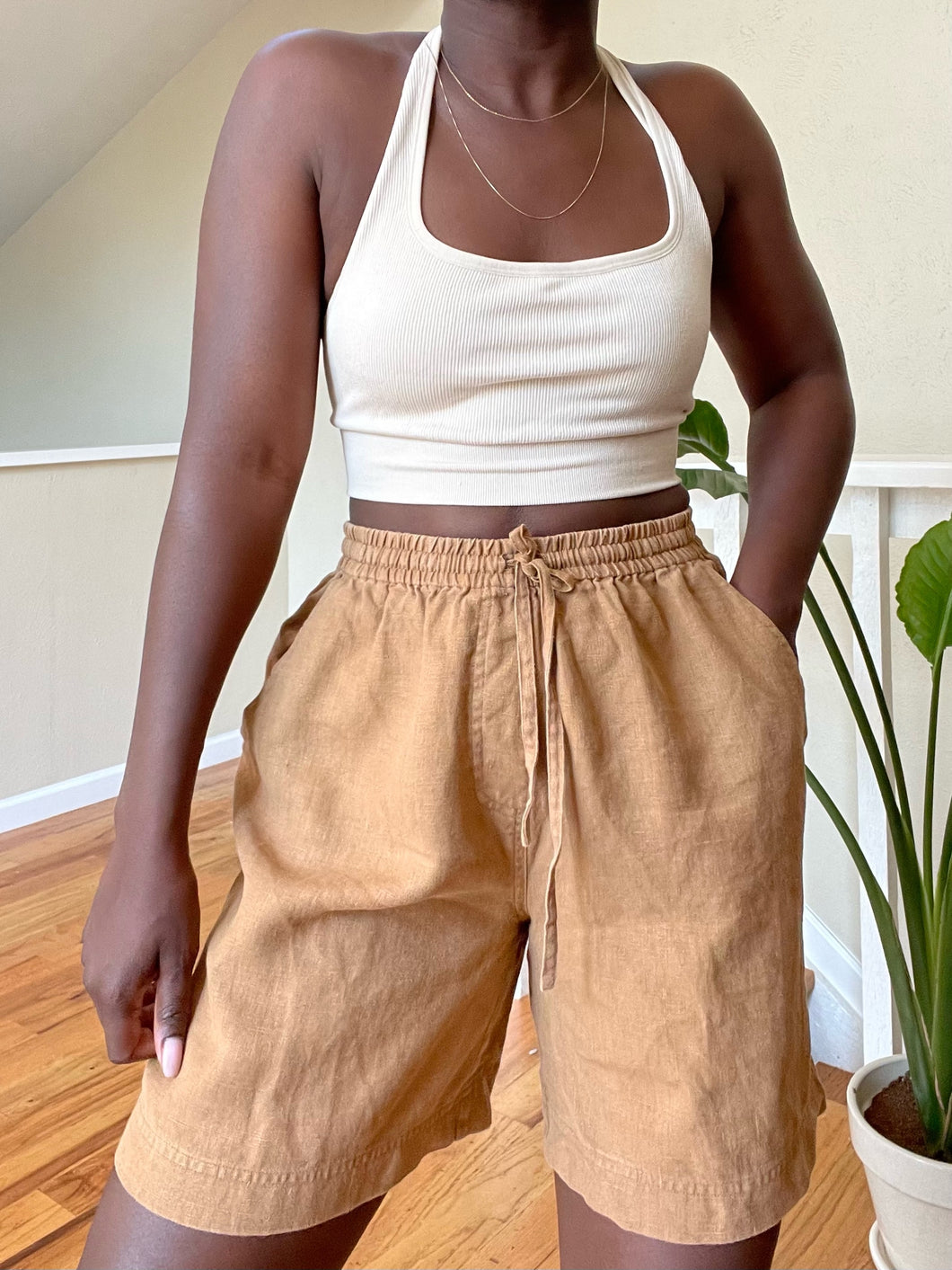 toffee linen shorts