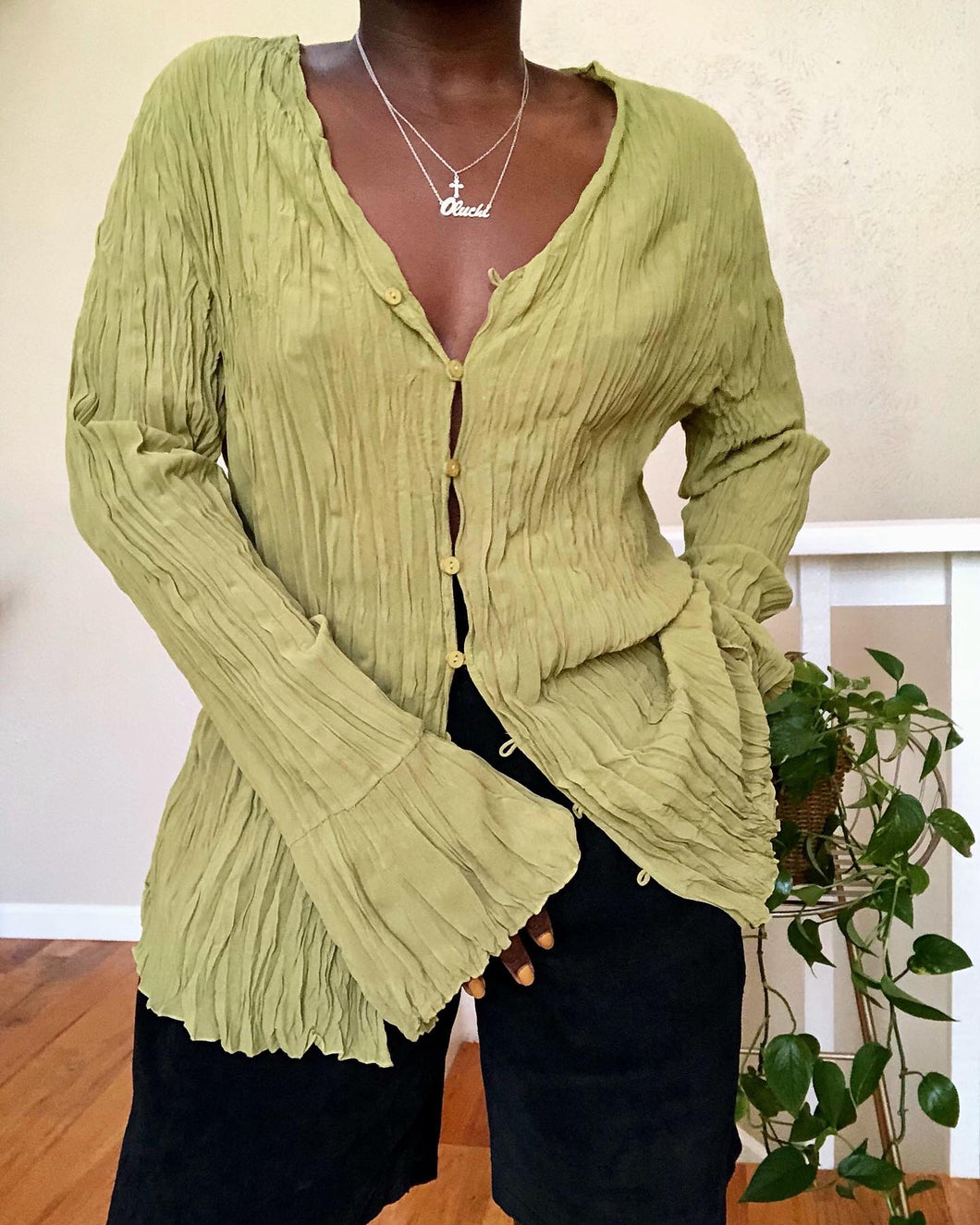 avocado pleated blouse
