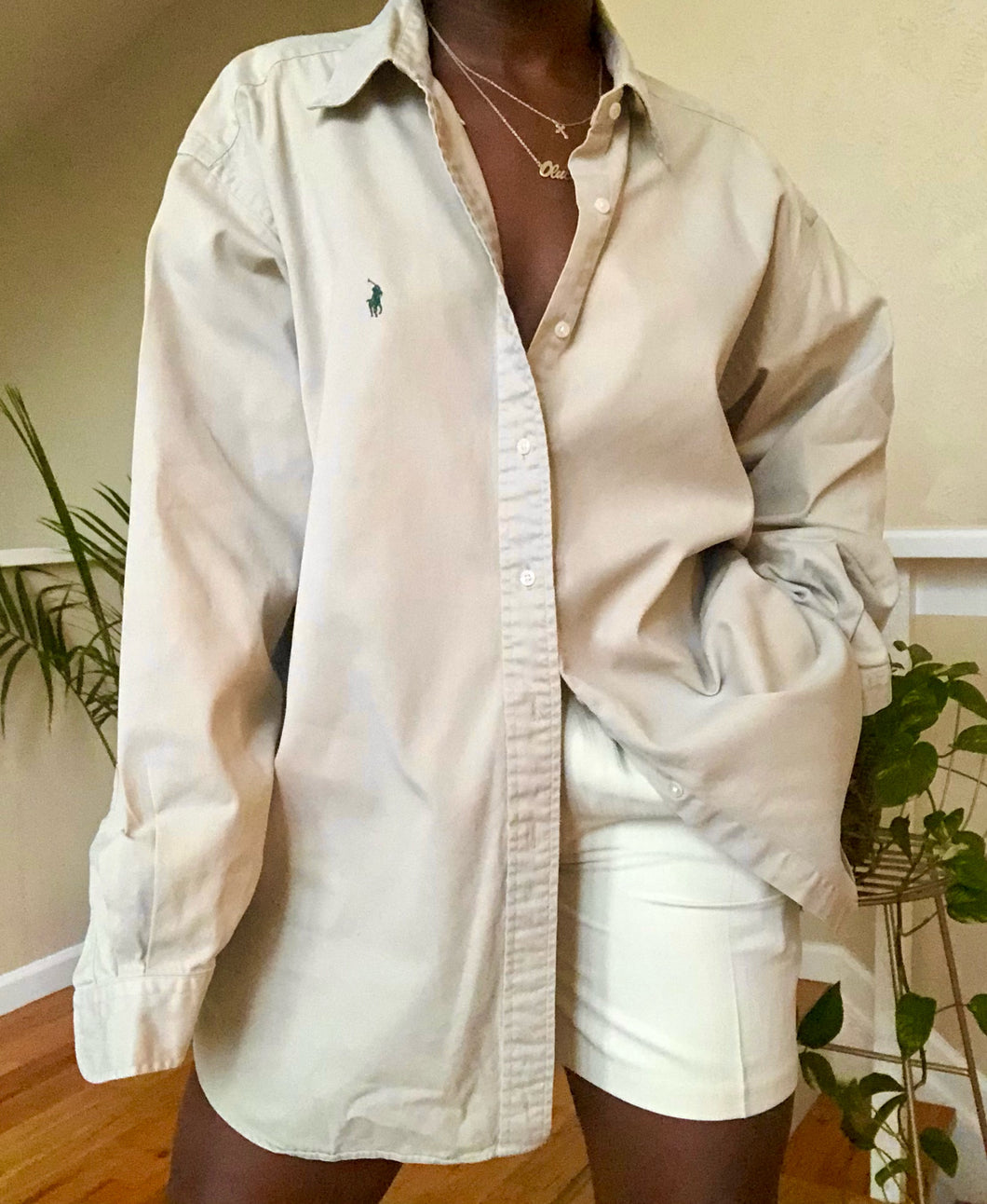 classic beige polo button up