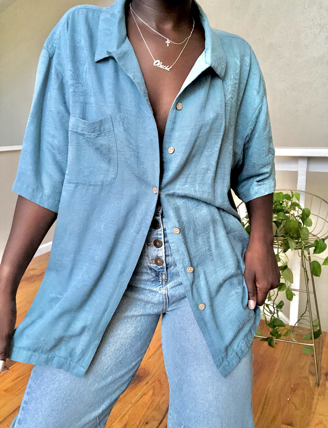 muted sky blue tropical button up