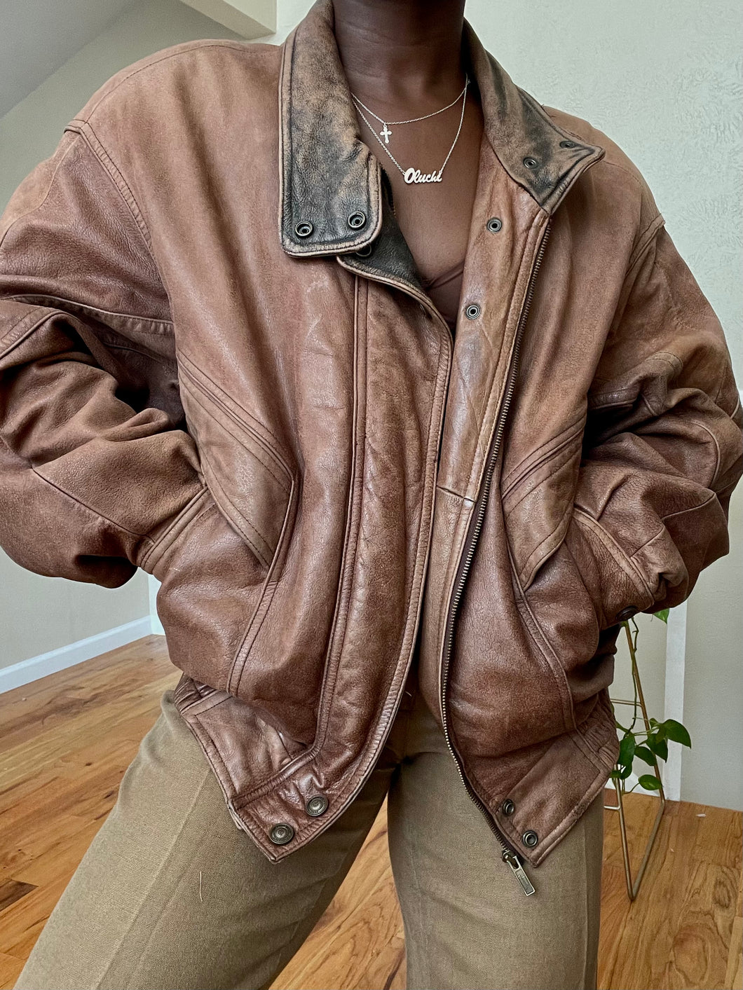 vintage cognac weathered bomber jacket