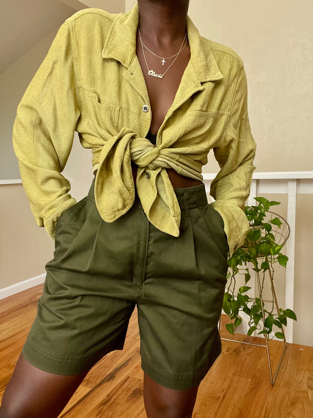 chartreuse textured button up