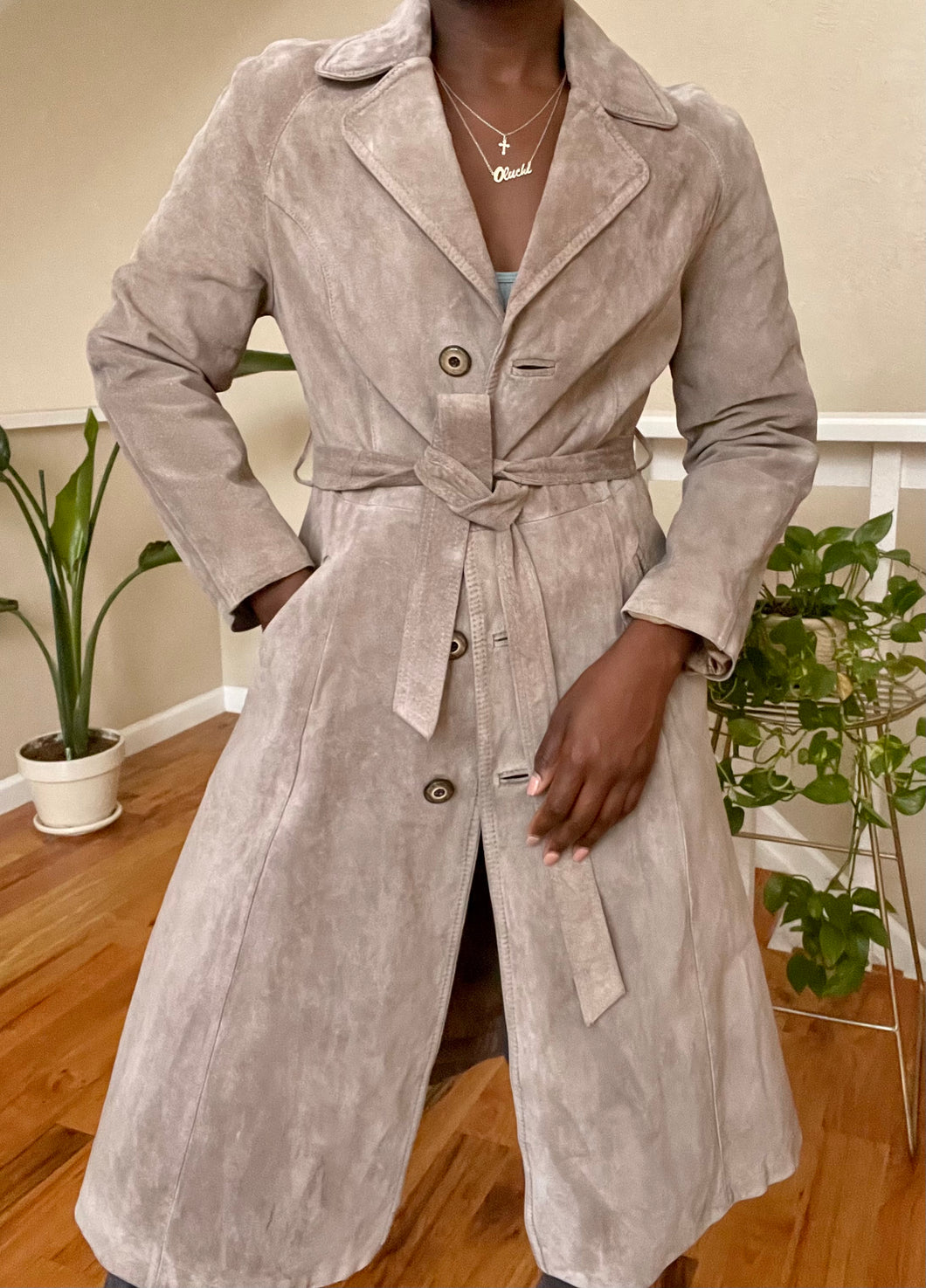 stone suede trench coat