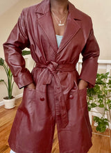 Load image into Gallery viewer, vintage burgundy midi leather trench
