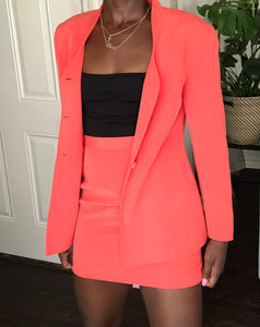 coral silk skirt suit