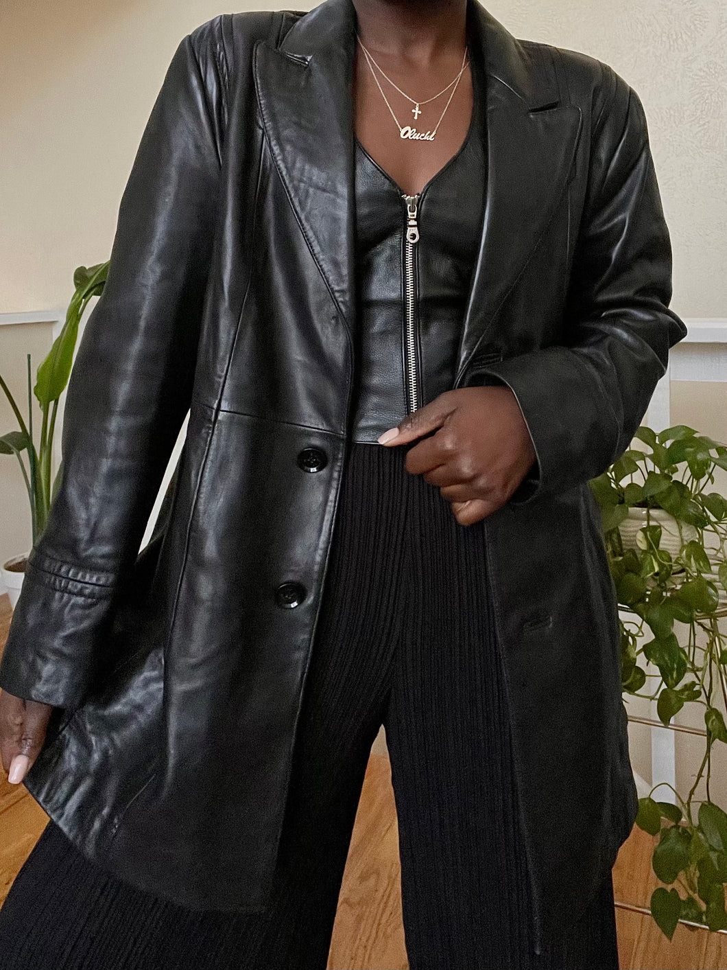 black longline leather jacket