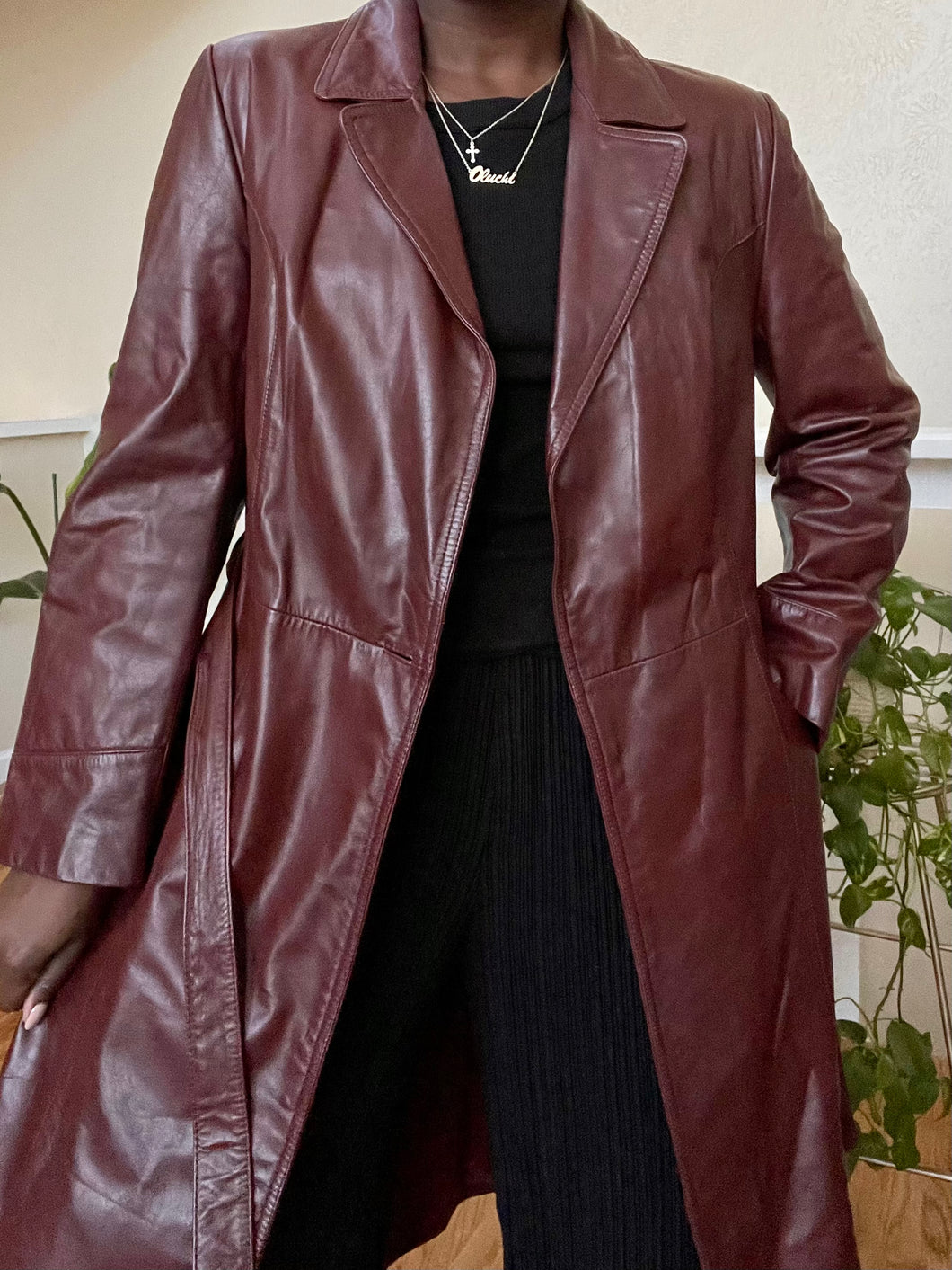 burgundy leather trench