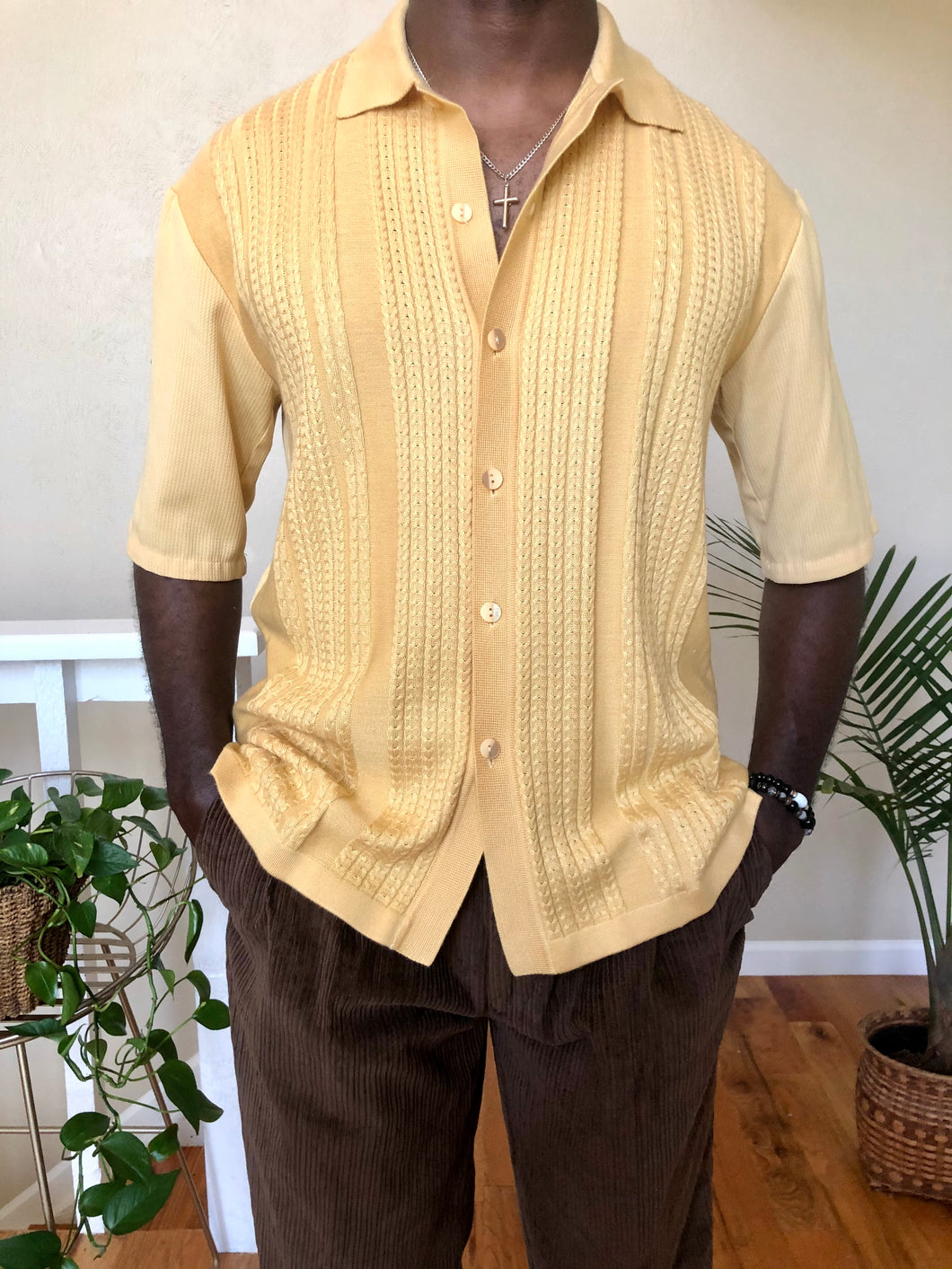yellow knit button up