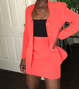 coral silk skirt suit