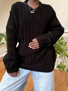 black chenille v-neck sweater