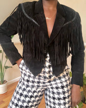 Load image into Gallery viewer, black suede cropped fringe jacket
