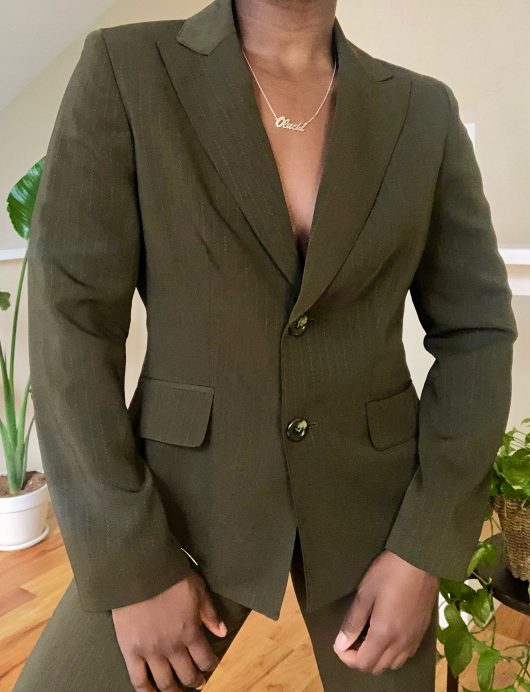 olive muted pinstripe pant suit