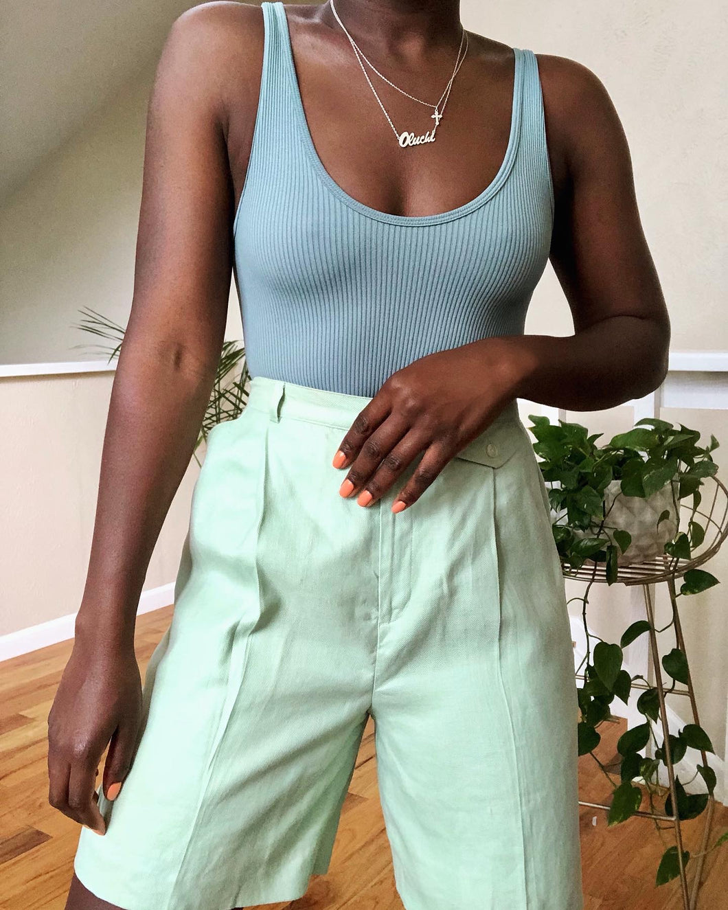 mint green tailored shorts
