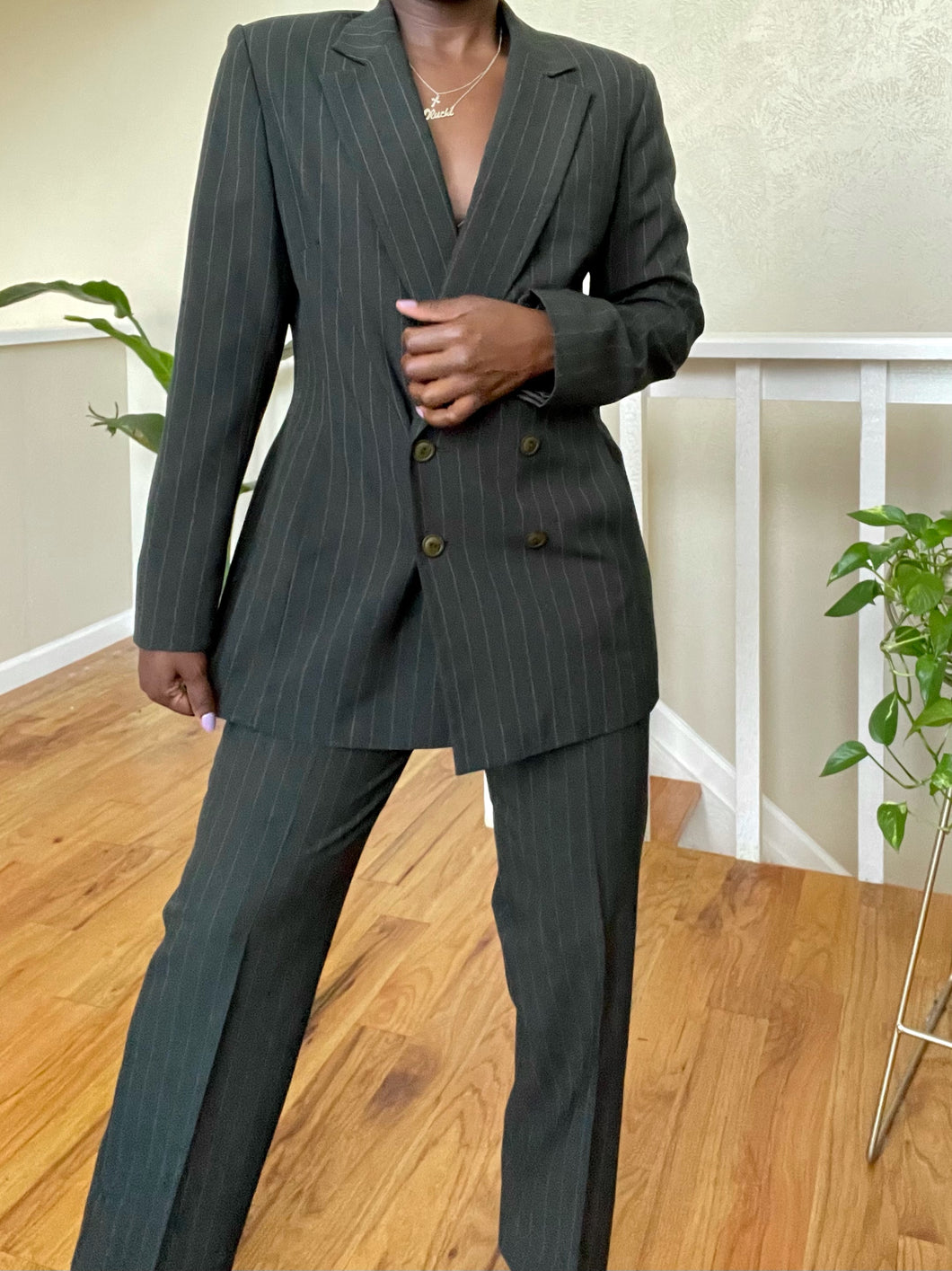 olive pinstripe pant suit