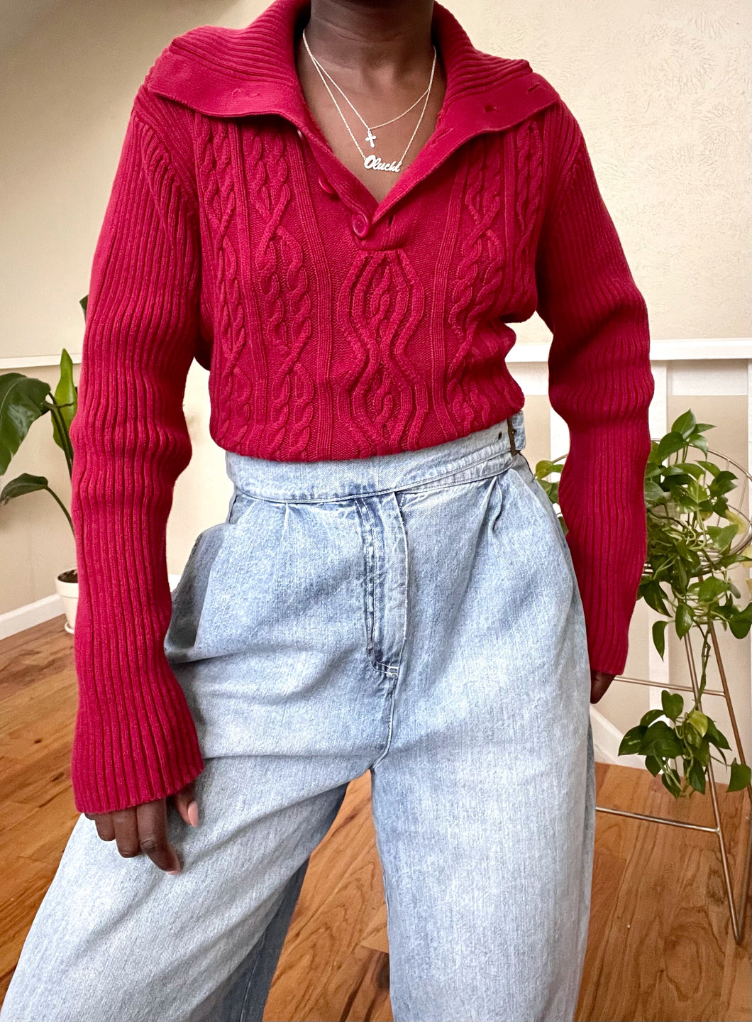 ruby red cropped cable knit